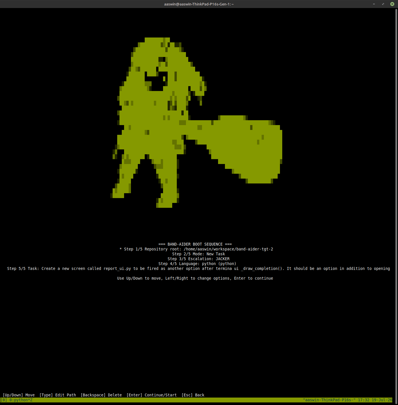 Band-Aider boot screen for a local-first coding agent workflow